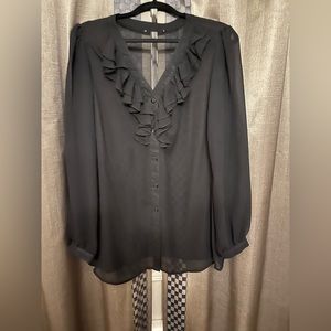Sheer black button down blouse with ruffle